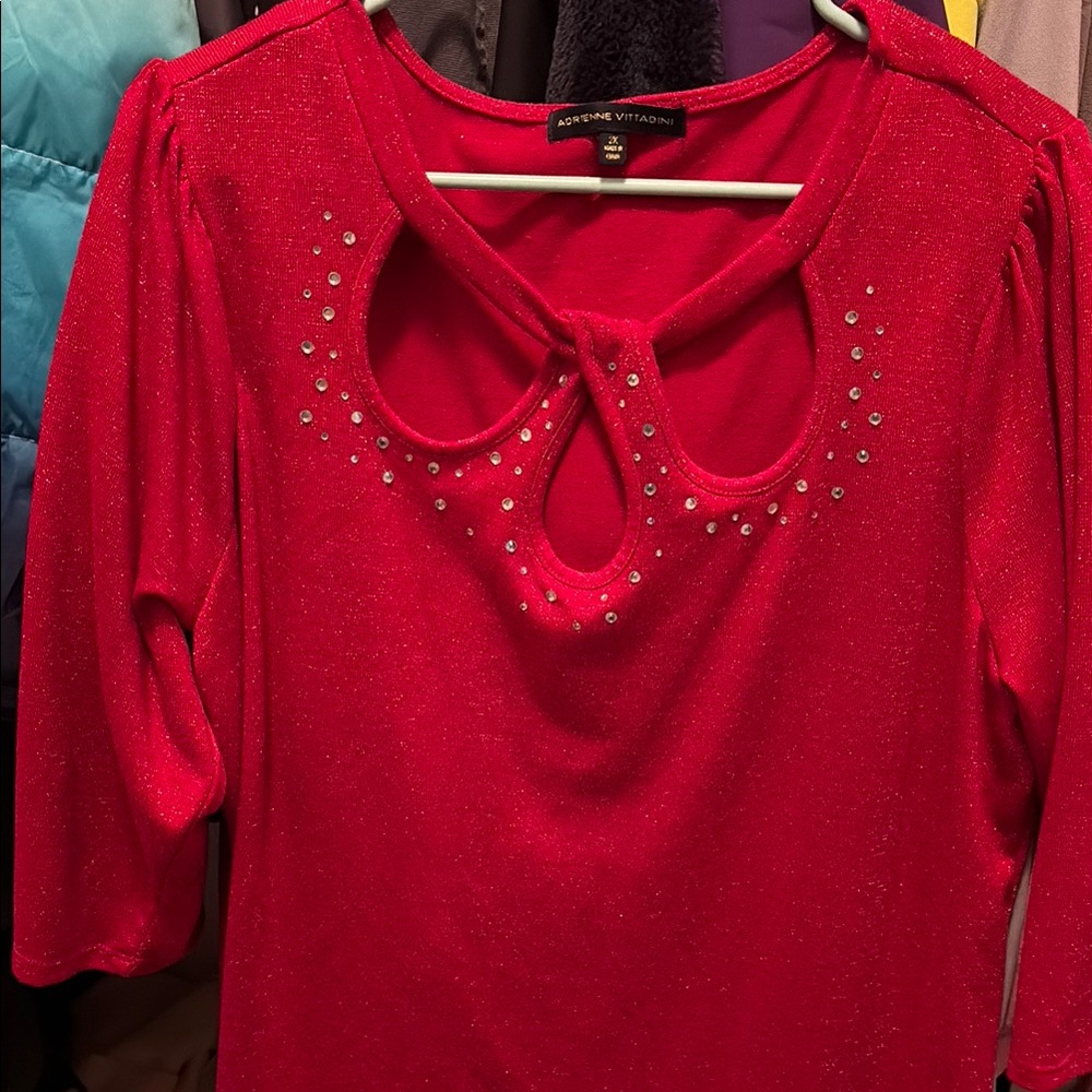Avenue Red Embellished Cut Out 3/4 Sleeve Blouse
